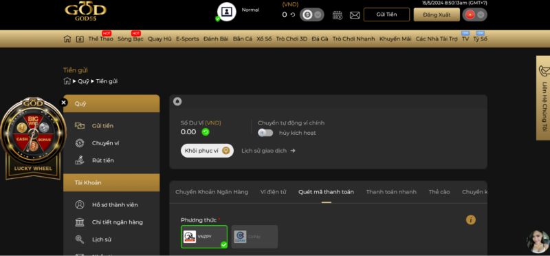 Hướng dẫn nạp tiền vào tài khoản GOD55